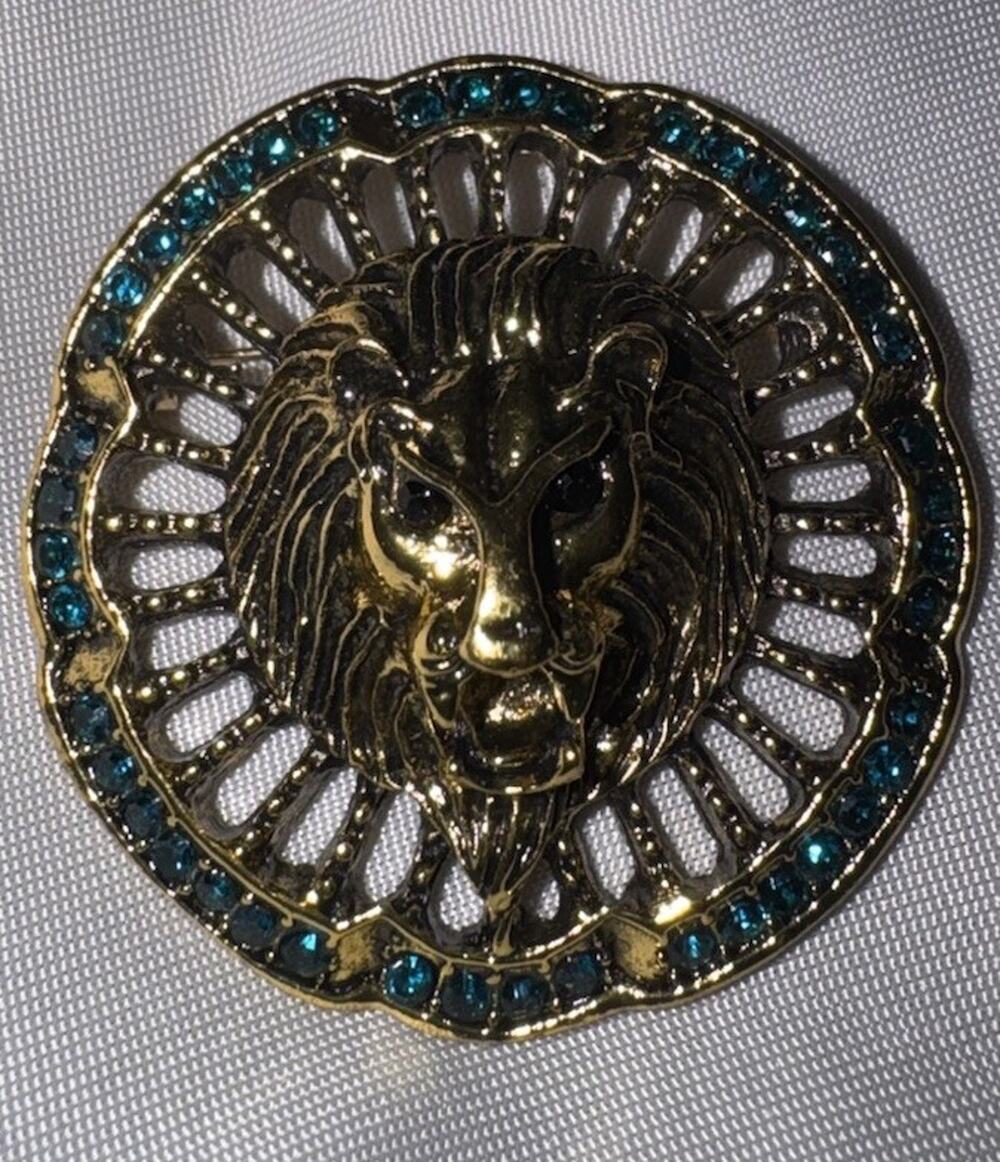 Lion Head Brooch Gold Tone Deep Teal Rhinestone Round Statement Jewelry Pin
